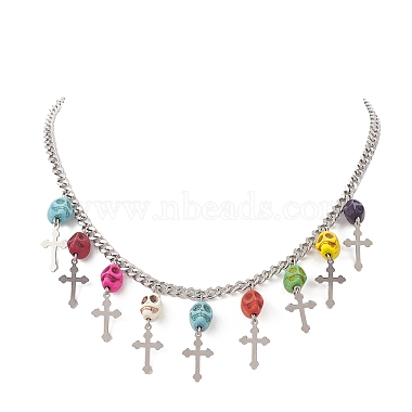 Dyed Synthetic Turquoise Skull with Cross Bib Necklace(NJEW-TA00071)-4