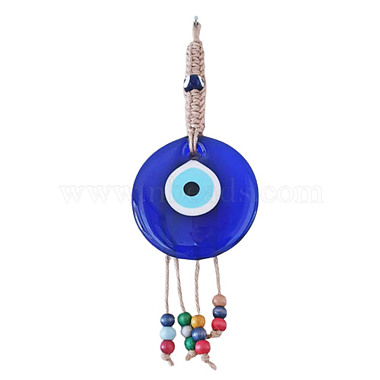Flat Round with Evil Eye Glass Tassel Pendant Decorations(EVIL-PW0002-15)-2