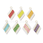 7Pcs Beaded Rhombus Charms, Loom Pattern Glass Seed Beads Pendants, with Jump Ring, Mixed Color, 24x15.5x2mm, Jump Ring: 4x0.5mm, Inner Diameter: 3mm(PALLOY-MZ01277)