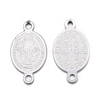 Tarnish Resistant 304 Stainless Steel Links connectors, Oval with Saint Benedict, Stainless Steel Color, 16x9x0.8mm, Hole: 1mm(STAS-H383-16P)