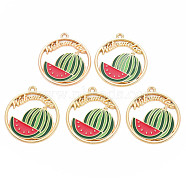 Alloy Enamel Pendants, Cadmium Free & Nickel Free & Lead Free, Light Gold, Ring with Word with Watermelon, Light Green, 31x28x1.5mm, Hole: 1.8mm(ENAM-S126-104-NR)