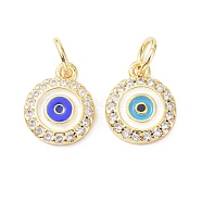 Brass Cubic Zirconia Enamel Charms, with Jump Ring, Long-Lasting Plated, Lead Free & Cadmium Free, Flat Round with Evil Eye, Mixed Color, 10.7x8.7x2mm(ZIRC-C022-34G)