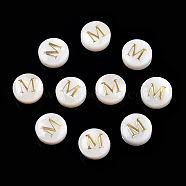 Natural Freshwater Shell Beads, with Golden Plated Brass Etched Metal Embellishments, Flat Round with Letter, Letter M, 7.5~8x4~5mm, Hole: 0.8mm(X-SHEL-N036-01M)