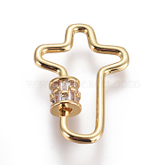 Brass Micro Pave Cubic Zirconia Screw Carabiner Lock Charms, for Necklaces Making, Cross, Clear, Golden, 30x21x2~5.5mm(ZIRC-F105-05G)