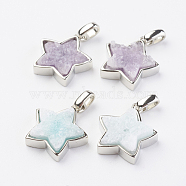 Electroplated Natural Druzy Quartz Pendants, with Brass Findings, Star, Platinum, Mixed Color, 16.5x15x4~5mm, Hole: 2x3mm(G-G737-12-P)