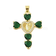 Rack Plating Brass Micro Pave Cubic Zirconia Heart Shape Virgin Mary Cross Pendant, Cadmium Free & Lead Free, Long-Lasting Plated, Real 18K Gold Plated, Dark Green, 39x28x6mm, Hole: 4x3mm(KK-S380-44B-G)