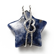 Natural Sodalite Pendants, Star Charm, with Stainless Steel Color Tone Heart 304 Stainless Steel Findings, 32.5x29x15mm, Hole: 3.5mm(G-D473-03P-02)