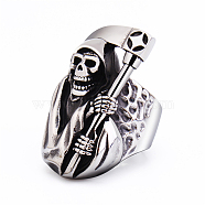 Titanium Steel Rings for Men, Halloween Skull Death with Sickle Wide Band Ring, Antique Silver, US Size 11(20.6mm)(WG77901-03)