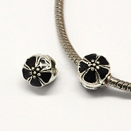 Alloy Enamel Flower Large Hole Style European Beads, Antique Silver, Black, 10x11mm, Hole: 4mm(MPDL-R036-51B)