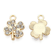 Alloy Pendants, with Crystal Rhinestones, Cadmium Free & Lead Free, Clover, Light Gold, 15x12x2.5mm, Hole: 1.8mm(PALLOY-T073-07LG-RS)