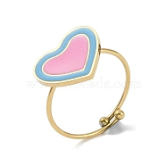 Heart 304 Stainless Steel Enamel Ring, 316 Surgical Stainless Steel Open Cuff Ring for Women, Real 18K Gold Plated, Pearl Pink, Adjustable(RJEW-A038-19G-01)