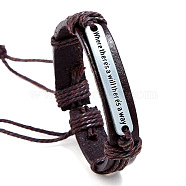 Adjustable Cowhide Cord Bracelets for Men, Antique Silver Tone Rectangle Word Alloy Links Bracelets, Coconut Brown, 6-3/4~7-1/8 inch(17~18cm)(BJEW-PW0001-03B)