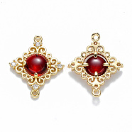 Glass Links connectors, with Eco-Friendly Alloy Open Back Berzel Findings and Clear Cubic Zirconia, Rhombus, Nickel Free, Light Gold, Dark Red, 23.5x19x4.5mm, Hole: 1.2mm(X-GLAA-T014-05KC-NF)
