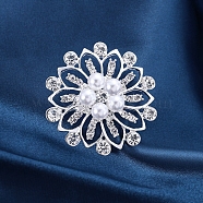 Platinum Alloy Rhinestone Brooches for Women, with Plastic Pearl, Flower, 43x45mm(PW-WGBBBCF-04)