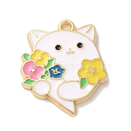 Alloy Enamel Pendants, Golden, Cat with Flower Charm, White, 26x25x2.8mm, Hole: 2mm(ENAM-147-04D-G)