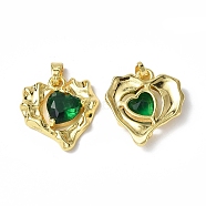Brass Micro Pave Cubic Zirconia Pendants, Real 18K Gold Plated, Heart Charm, Green, 20x18.5x5mm, Hole: 4.5x2mm(KK-P223-51G-02)