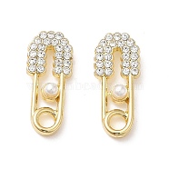 Alloy Rhinestone Stud Earring Findings, with Plastic Pearl Beaded & 925 Sterling Silver Pins & Horizontal Loop, Safety Pin Shape, Golden, 19.5x8.5x3.5mm, Hole: 3mm, Pin: 0.6mm(FIND-I033-02G)