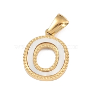 Natural White Shell Alphabet Pendants, Ion Plating(IP) Real 18K Gold Plated 304 Stainless Steel Charms, Letter O, 17x13.5x1.5mm, Hole: 5x3mm(STAS-M338-02G-O)