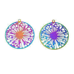 Ion Plating(IP) 201 Stainless Steel Filigree Pendants, Etched Metal Embellishments, Dandelion, Rainbow Color, 27x25x0.2mm, Hole: 1.4mm(STAS-S118-086)