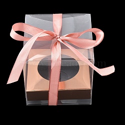 Transparent PET Cupcake Packing Boxes with Paper Base, Bakery Boxes, Square with Ribbon, Light Salmon, 9x9x9.5cm(PL-CBA0AB9-01C)