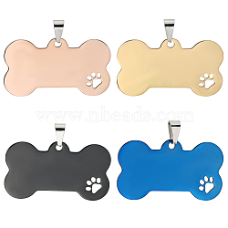 4Pcs 4 Colors 201 Stainless Steel Big Pendants, Dog Bone with Paw Print, with Pinch Bails, Mixed Color, 27x50x2mm, Hole: 3mm, 1pc/color(FIND-GF0007-87)