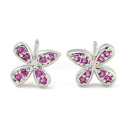 Rack Plating Brass Micro Pave Clear Cubic Zirconia Stud Earrings, with Ear Nuts, Long-Lasting Plated, Flower, Medium Violet Red, 7.5x8.5mm(EJEW-N055-02P-02-RS)