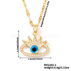 Fashionable Hip-hop Style Brass Full Crystal Rhinestone Crown Blue Evil Eye Pendant Dapped Chain Necklaces for Women, Golden, 15.75 inch(40cm)(MF0686-1)