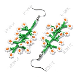 Handmade Glass Seed Beads Flower Dangle Earrings, with 304 Stainless Steel Earring Hooks, Stainless Steel Color, Green, 70.5x17.5mm(EJEW-FS00091)