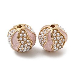 Alloy Enamel Beads, with ABS Plastic Imitation Pearl, Round, Golden, Pink, 13mm, Hole: 2mm(FIND-E044-28G-01)