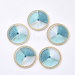 Tri-color Polyester Thread Woven Pendants, with Golden Plated Alloy Findings, Long-Lasting Plated, Flat Round, Turquoise, 34x2.5mm, Hole: 0.8mm(FIND-S319-05D)