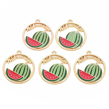 Alloy Enamel Pendants, Cadmium Free & Nickel Free & Lead Free, Light Gold, Ring with Word with Watermelon, Light Green, 31x28x1.5mm, Hole: 1.8mm