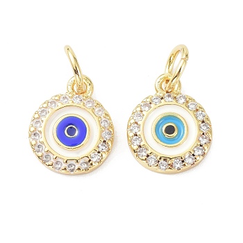 Brass Cubic Zirconia Enamel Charms, with Jump Ring, Long-Lasting Plated, Lead Free & Cadmium Free, Flat Round with Evil Eye, Mixed Color, 10.7x8.7x2mm