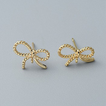 Brass Stud Earrings Finding, with 925 Sterling Silver Pin and Vertical Loops, Bowknot, Real 18K Gold Plated, 9x14mm, Hole: 1mm, Pin: 0.6mm
