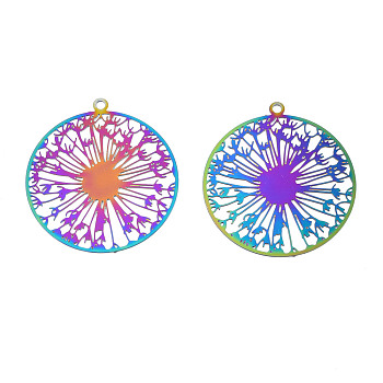 Ion Plating(IP) 201 Stainless Steel Filigree Pendants, Etched Metal Embellishments, Dandelion, Rainbow Color, 27x25x0.2mm, Hole: 1.4mm