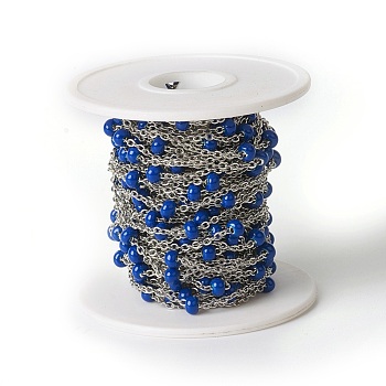 304 Stainless Steel Cable Chains, Satellite Chains, with Enamel, Soldered, with Spool, Flat Oval, Royal Blue, 2.4x2x0.4mm, Beads: 4mm, about 32.8 Feet(10m)/roll