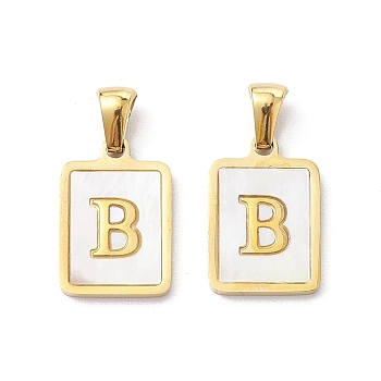 Ion Plating(IP) 304 Stainless Steel Pave Shell Pendants, Rectangle Charm, Real 18K Gold Plated, Letter B, 17.5x12x1.5mm, Hole: 3x5mm