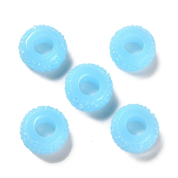 Resin European Beads, Large Hole Beads, Textured Rondelle, Light Sky Blue, 12x6.5mm, Hole: 5mm