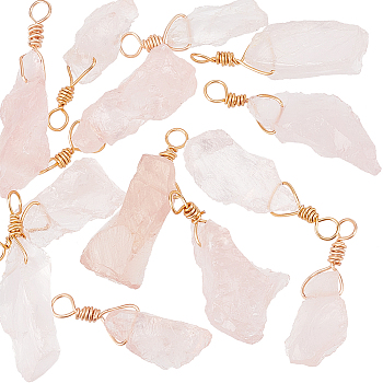 Natural Rose Quartz Pendants, with Real 18K Gold Plated Eco-Friendly Copper Wire, Nuggets, 24.5~32x7.5~13x7~10mm, Hole: 3mm, 16pcs/box