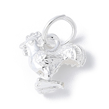 925 Sterling Silver 3D Chinese Zodiac Charms, with Jump Rings, Silver Color Plated, Rooster, 8~14x5~11x3~6.5mm, Hole: 3.5mm