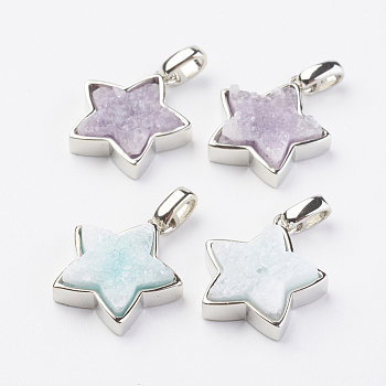Electroplated Natural Druzy Quartz Pendants, with Brass Findings, Star, Platinum, Mixed Color, 16.5x15x4~5mm, Hole: 2x3mm