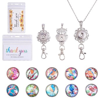 DIY Interchangable Pendant ID Card Holder Necklace Making Kit, Including Bird with Branch Glass Snap Cabochon, Owl Alloy Snap Base Settings, 304 Stainless Steel Cable Chains Necklaces, Platinum & Stainless Steel Color, 15Pcs/box
