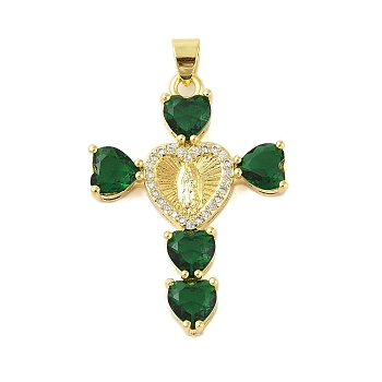 Rack Plating Brass Micro Pave Cubic Zirconia Heart Shape Virgin Mary Cross Pendant, Cadmium Free & Lead Free, Long-Lasting Plated, Real 18K Gold Plated, Dark Green, 39x28x6mm, Hole: 4x3mm