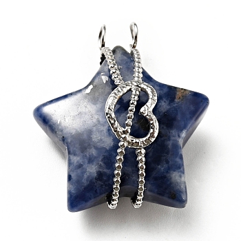 Natural Sodalite Pendants, Star Charm, with Stainless Steel Color Tone Heart 304 Stainless Steel Findings, 32.5x29x15mm, Hole: 3.5mm