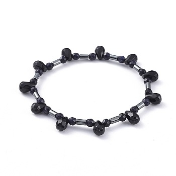 Non-magnetic Synthetic Hematite Beads Stretch Bracelets, with Natural Black Agate Beads, 2-1/4 inch(5.8cm)