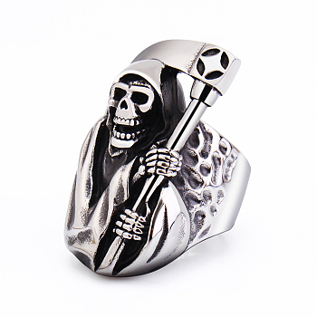 Titanium Steel Rings for Men, Halloween Skull Death with Sickle Wide Band Ring, Antique Silver, US Size 11(20.6mm)