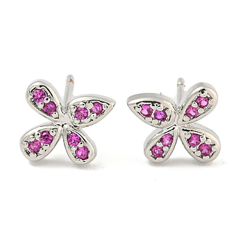 Rack Plating Brass Micro Pave Clear Cubic Zirconia Stud Earrings, with Ear Nuts, Long-Lasting Plated, Flower, Medium Violet Red, 7.5x8.5mm