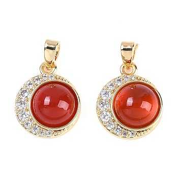 Natural Carnelian(Dyed & Heated) Pendants, Brass Micro Pave Clear Cubic Zirconia Flat Round Charms, Real 18K Gold Plated, 15x12.5x6mm, Hole: 4.5x2.5mm