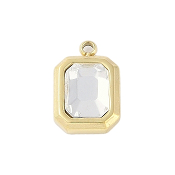 Glass Pendants, with Ion Plating(IP) 304 Stainless Steel Findings, Manual Polishing, Real 18K Gold Plated, Rectangle Charms, Clear, 13.5x9x4.5mm, Hole: 1.4mm