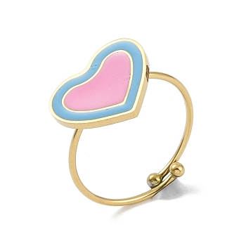 Heart 304 Stainless Steel Enamel Ring, 316 Surgical Stainless Steel Open Cuff Ring for Women, Real 18K Gold Plated, Pearl Pink, Adjustable