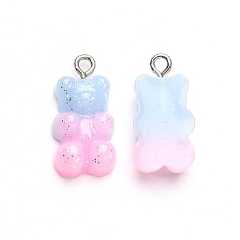 Gradient Color Opaque Resin Pendants, with Glitter Powder and Platinum Tone Iron Peg Bails, Bear, Light Sky Blue, 21x11x6.5mm, Hole: 2.0mm